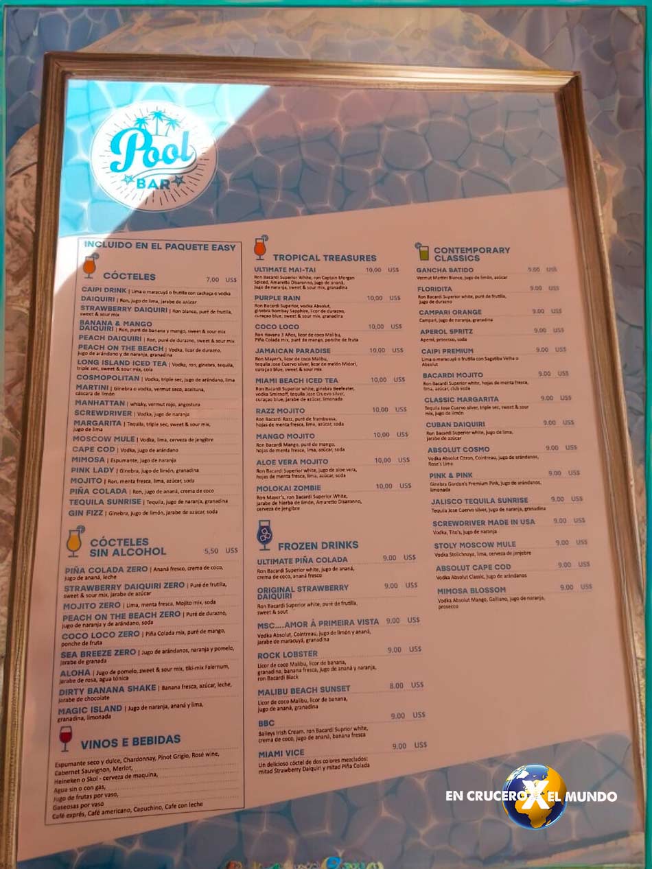 Carta de bebidas a bordo MSC Cruceros