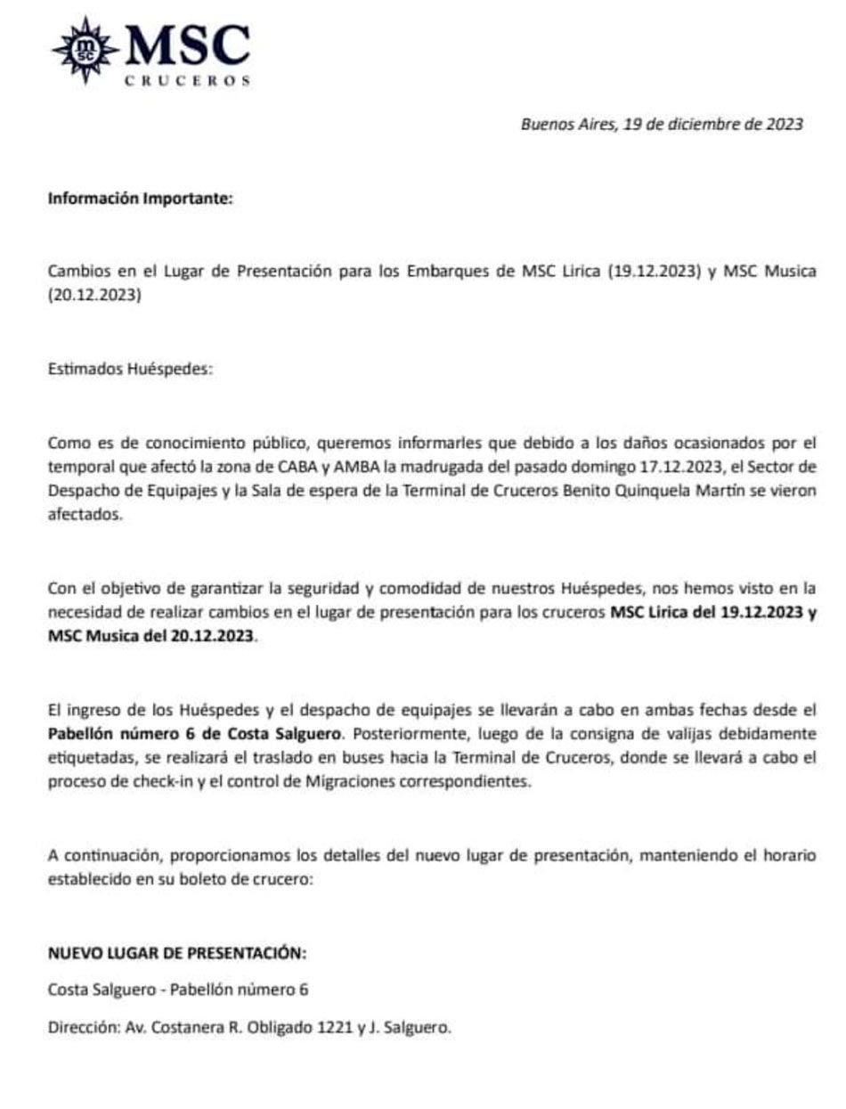 Comunicado de MSC Cruceros Nuevo lugar de embarque
